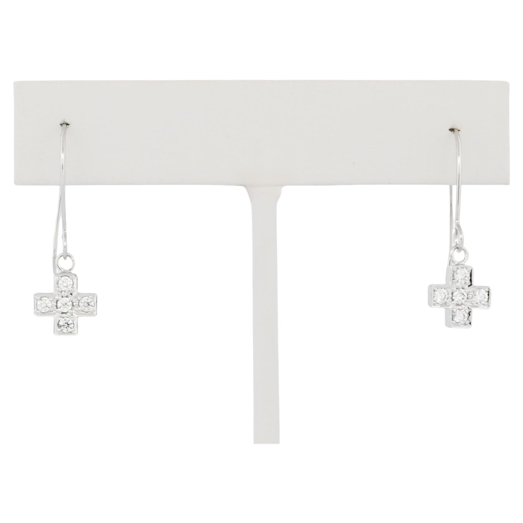 Classic Design 18K White Gold Petite Cross Earrings with Diamonds