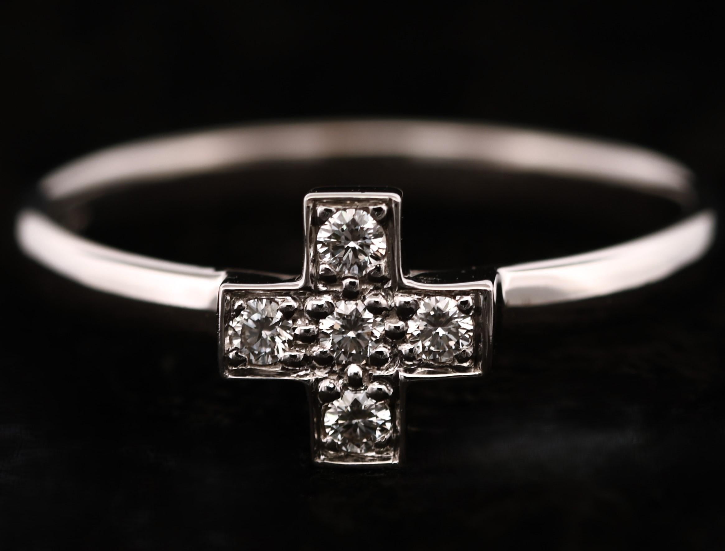 For Sale:  Classic Design 18K White Gold Petite Cross Ring with Diamonds 2