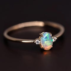 Oval Australian Solid Opal Diamond Engagement Ring 14K Yellow Gold