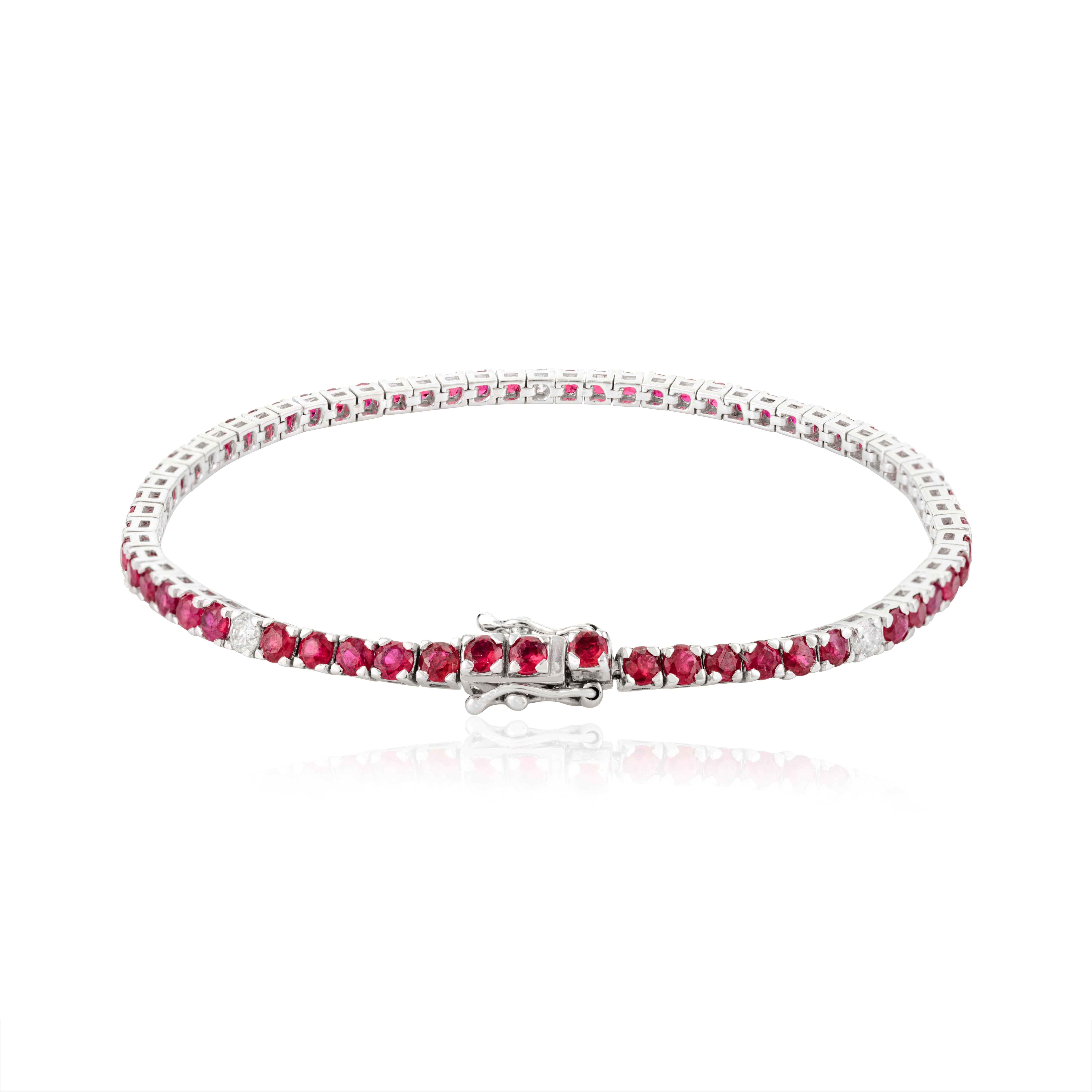 Classic Design Ruby and Diamond Engagement Tennis Bracelet in 14k White Gold In New Condition For Sale In New York, NY