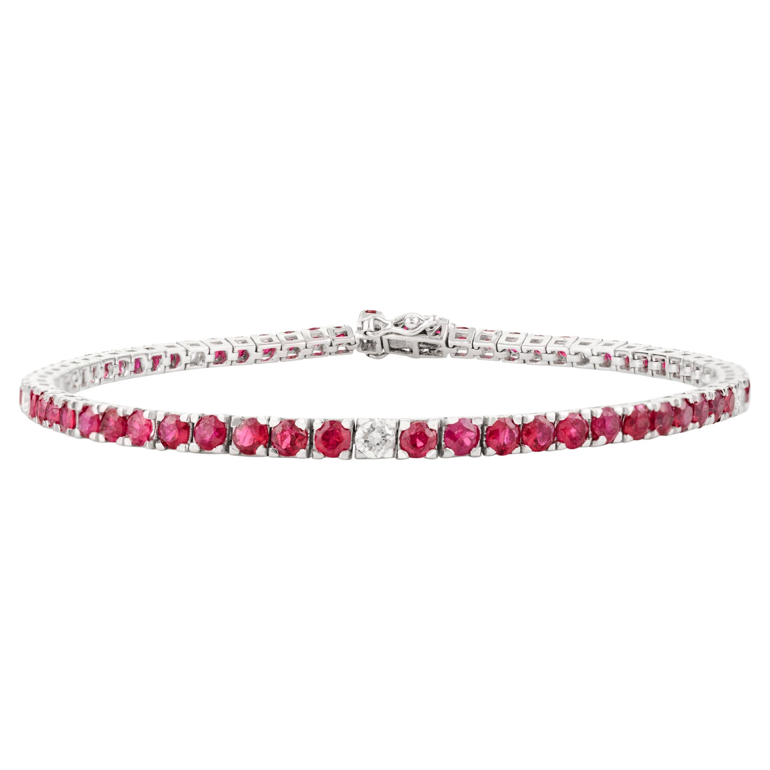 Classic Design Ruby and Diamond Engagement Tennis Bracelet in 14k White Gold For Sale