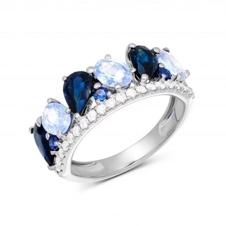 Modern Classic Diamond Blue Sapphire White 14k Gold Ring for Her For Sale