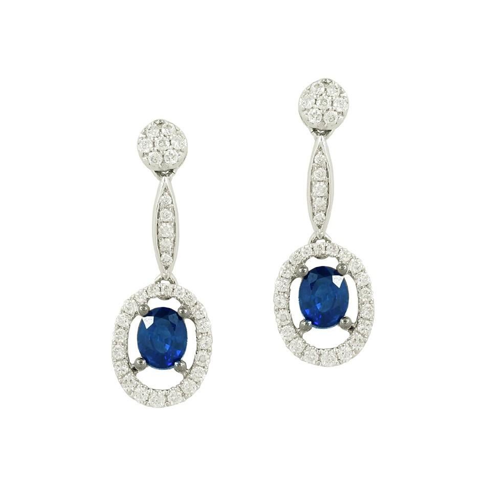 Round Cut Classic Diamond Blue Sapphire White Gold Dangle Earrings For Sale