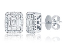 Emerald Diamond  Illusion Stud Earring  in 18 Karat White Gold