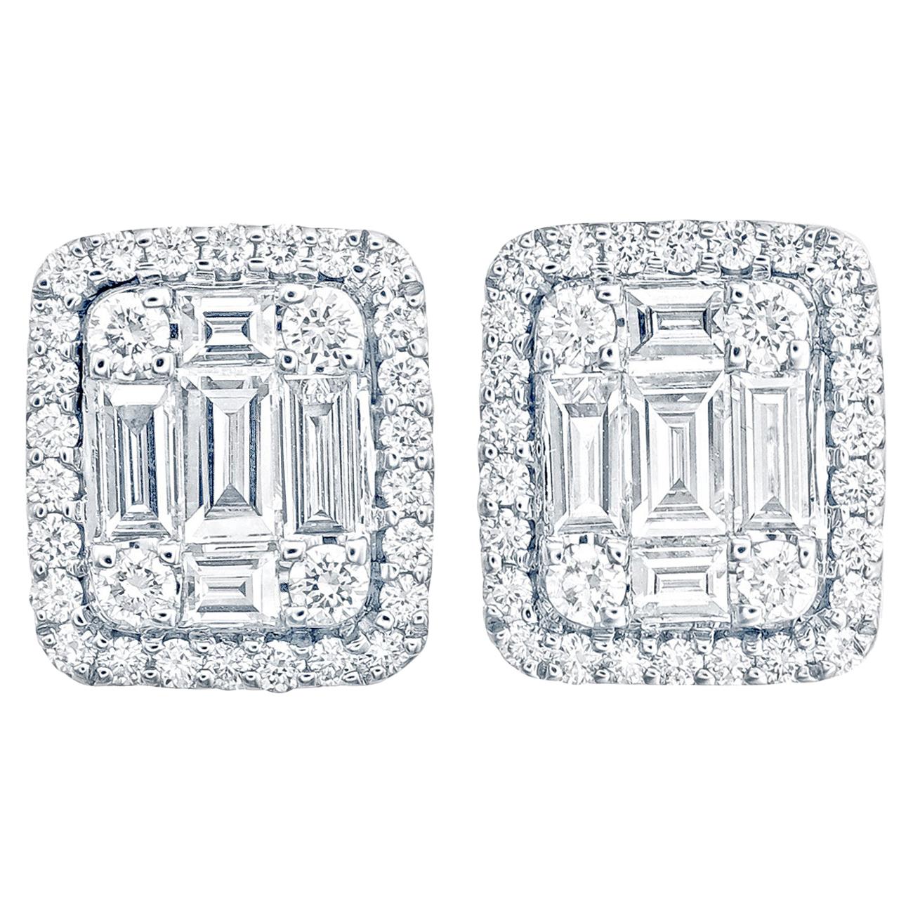 Emerald Diamond  Illusion Stud Earring  in 18 Karat White Gold For Sale