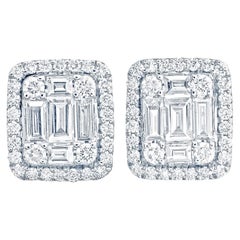 Emerald Diamond  Illusion Stud Earring  in 18 Karat White Gold