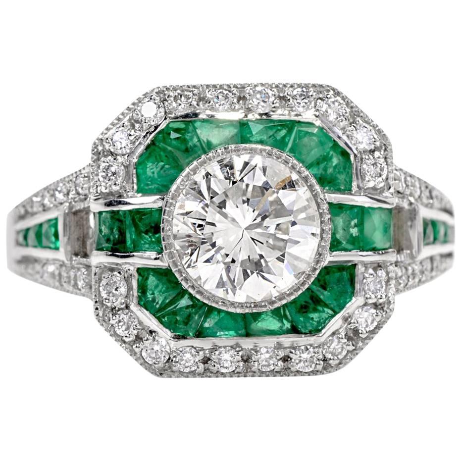 Classic Diamond Emerald Platinum Engagement Ring