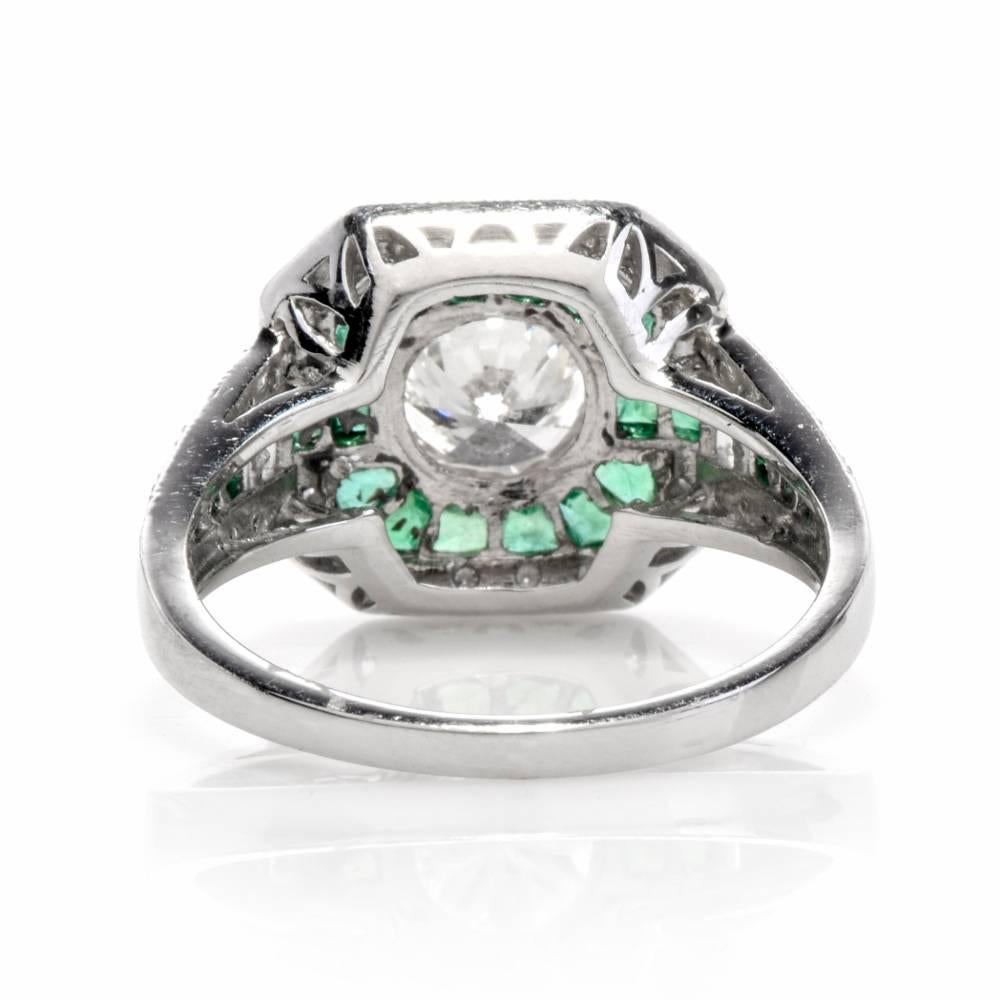 Art Deco Classic Diamond Emerald Platinum Engagement Ring