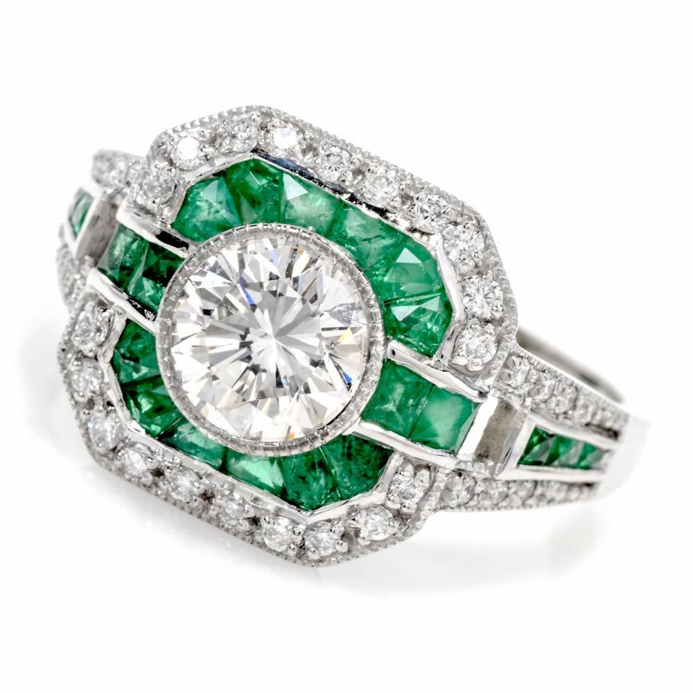 Classic Diamond Emerald Platinum Engagement Ring In Excellent Condition In Miami, FL