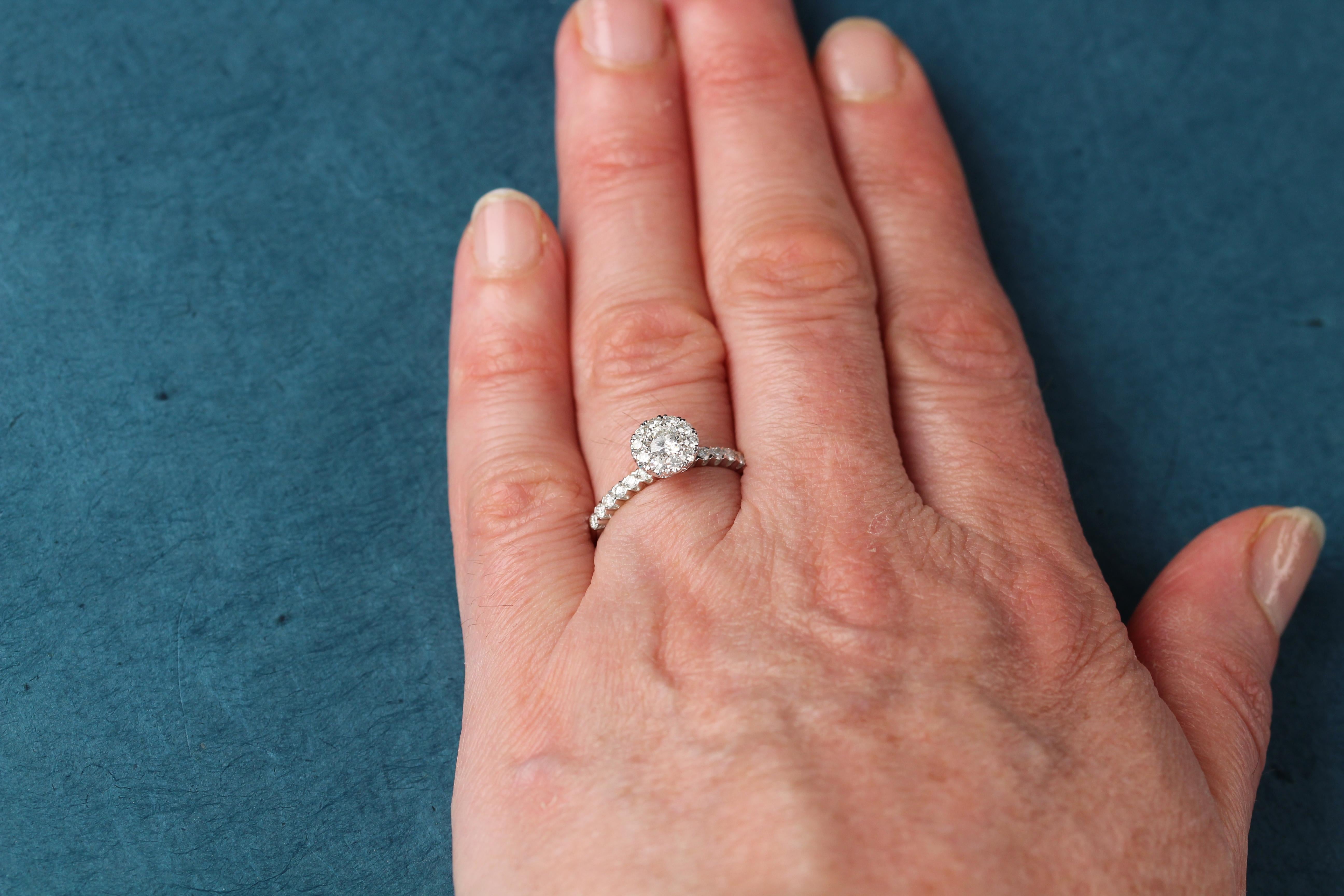 Classic Diamond Engagement Ring 18 Karat White Gold Cluster Diamond Ring For Sale 5
