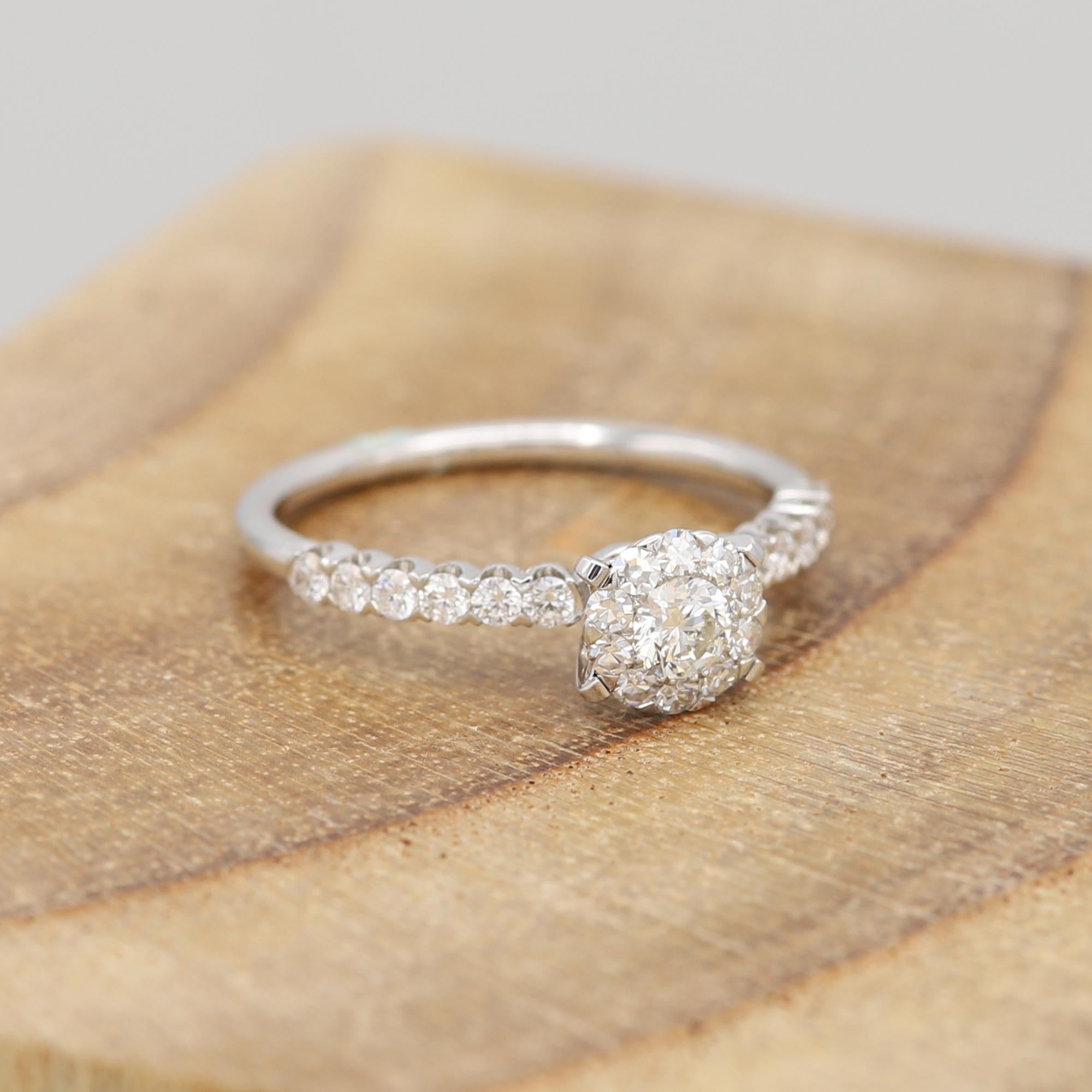 Round Cut Classic Diamond Engagement Ring 18 Karat White Gold Cluster Diamond Ring For Sale