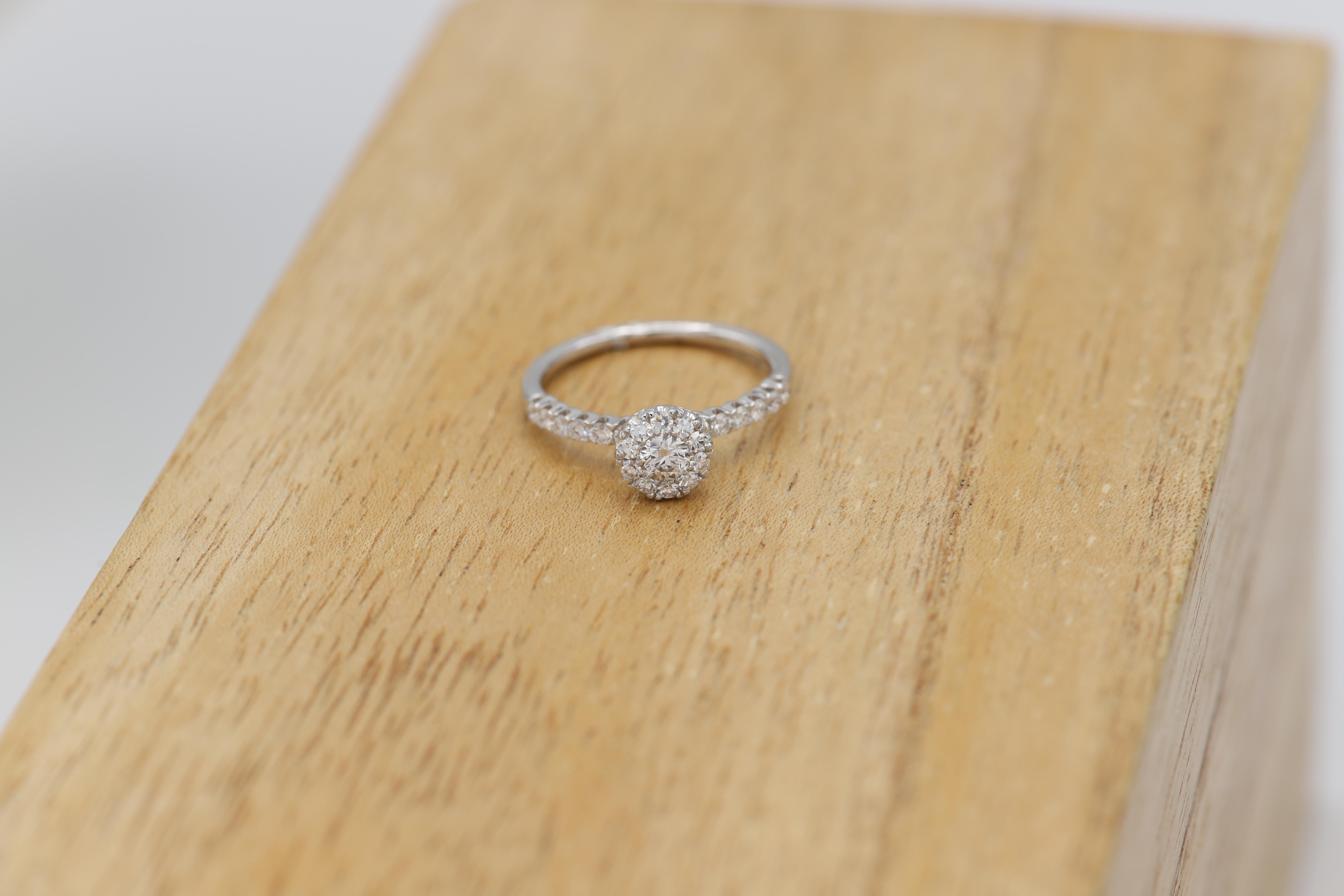 Women's Classic Diamond Engagement Ring 18 Karat White Gold Cluster Diamond Ring For Sale