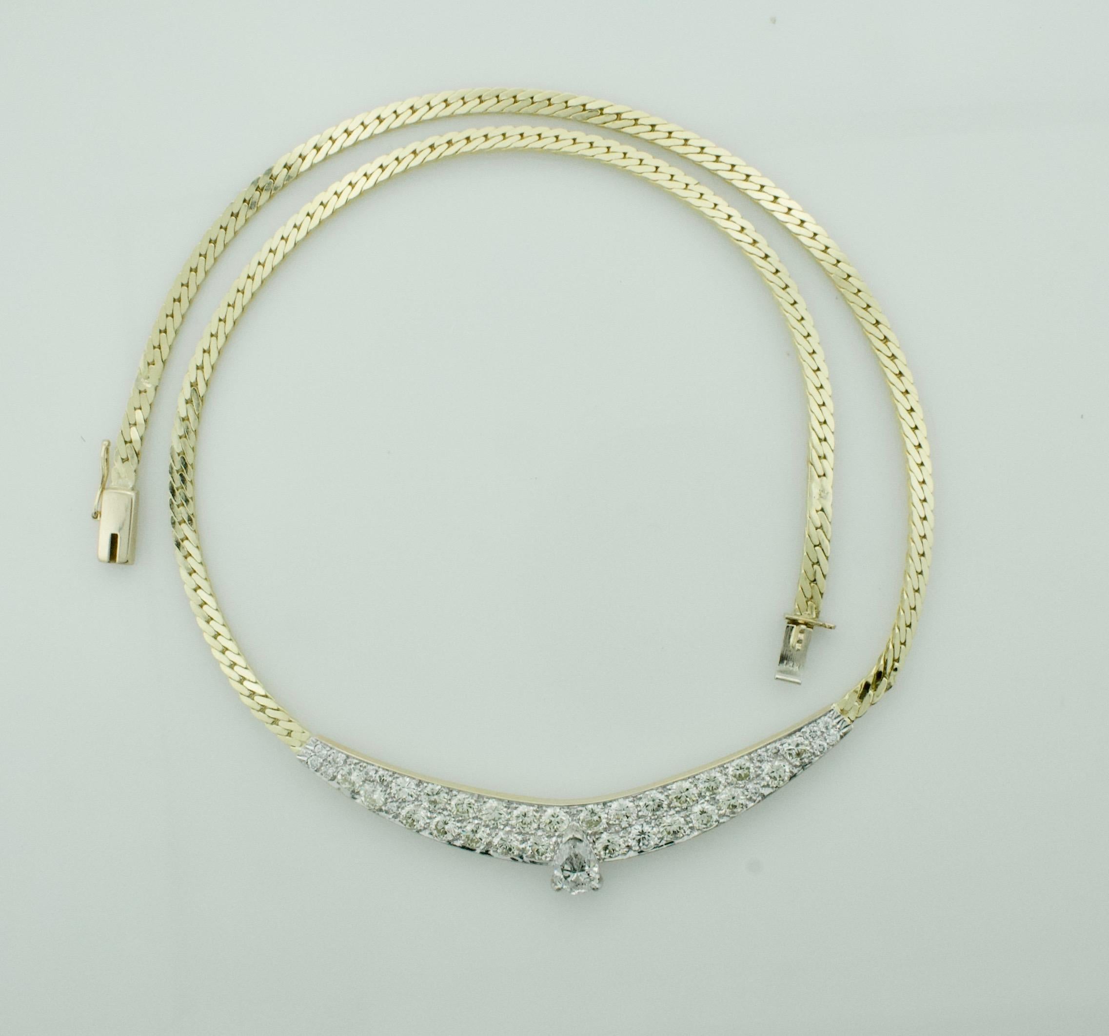 Pear Cut Classic Diamond Necklace in White and Yellow Gold Circa 1960's 3.55 Total Carats For Sale