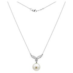 Classic Diamond Pearl White 18K Gold Tie Style Necklace for Her