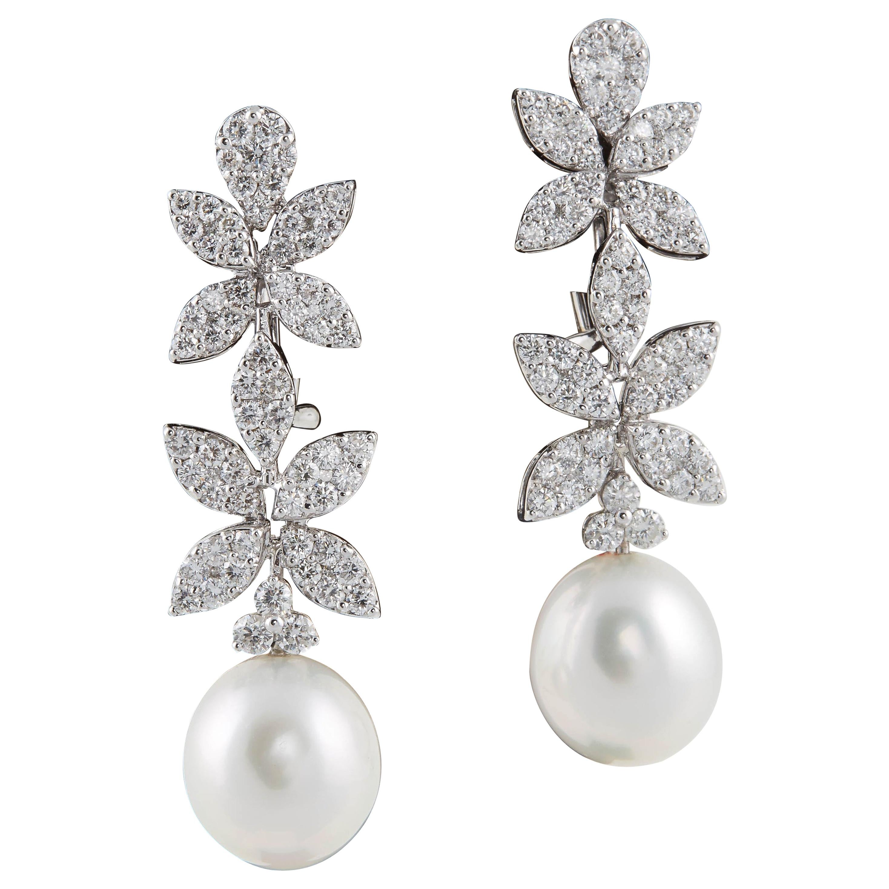 Classic Diamond Pearl White Gold Drop Earrings