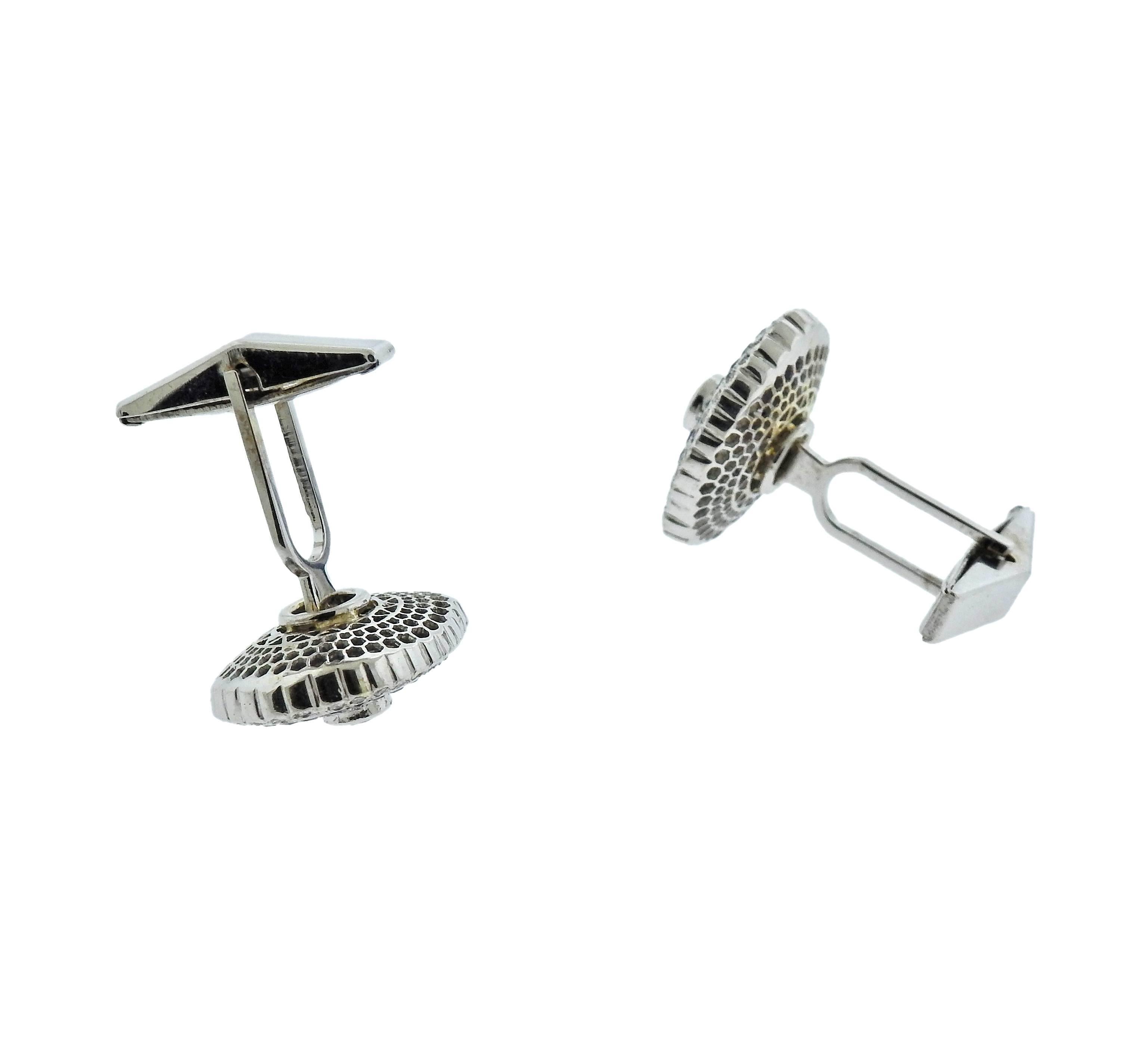Pair of 18k white gold dressy cufflinks, set with French cut sapphires and approx. 0.80ctw in VS-SI/G diamonds. Each top is 19mm x 16mm, weigh 10.9 grams. Marked 14k gold (hardware), top tested 18k. 
