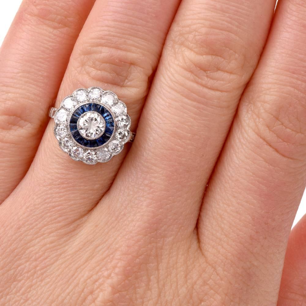 Art Deco Classic  Diamond Sapphire Platinum Ring