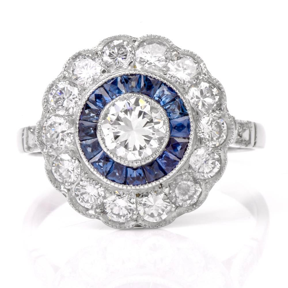 Classic  Diamond Sapphire Platinum Ring In Excellent Condition In Miami, FL