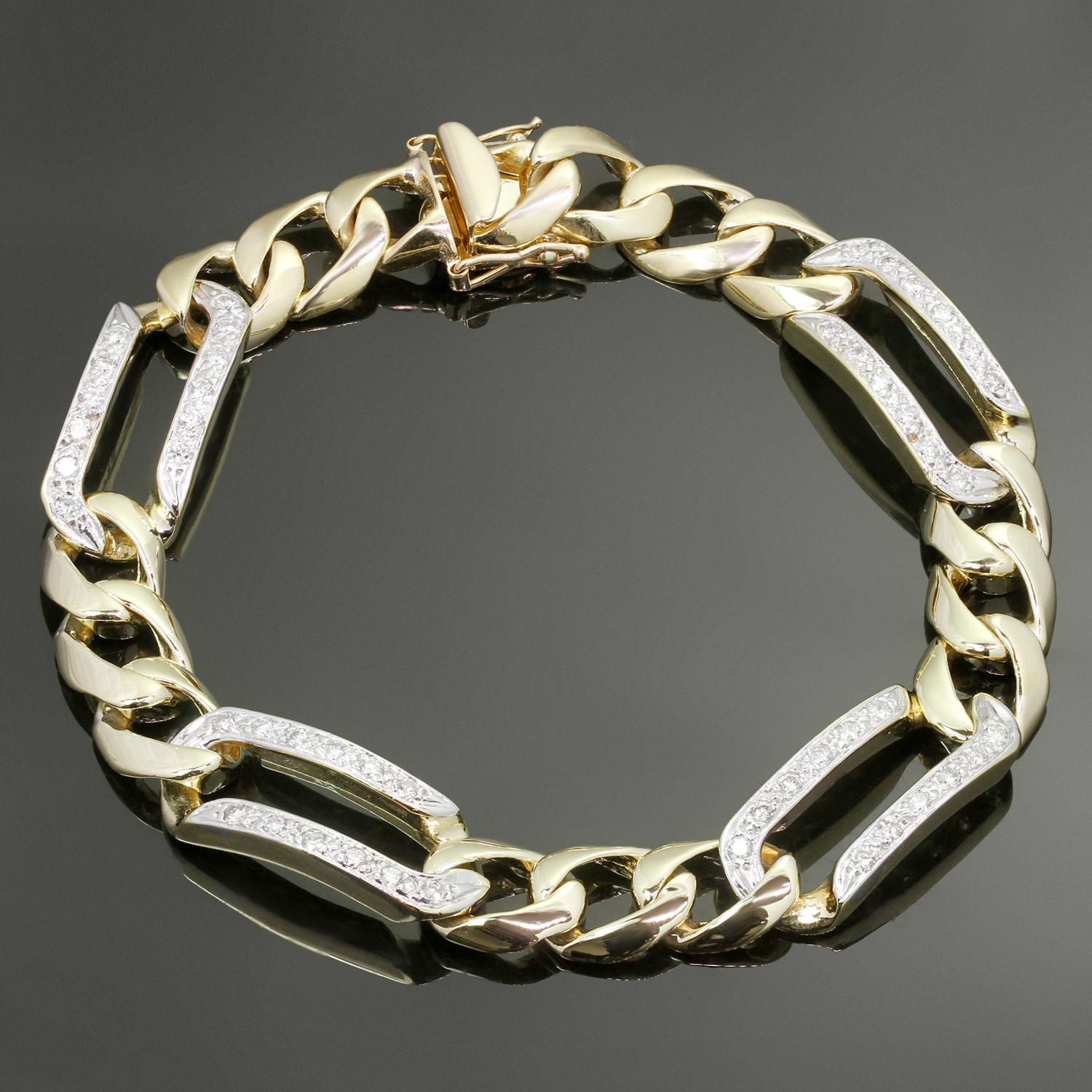 Ce bracelet à maillons classique pour homme est fabriqué en or jaune 14 carats et serti de diamants ronds H VS2-SI1 taille brillant d'une valeur estimée à 1,50 carat. Fabriqué aux États-Unis dans les années 1990. Mesures : 0.11 mm de large, 21,5 cm