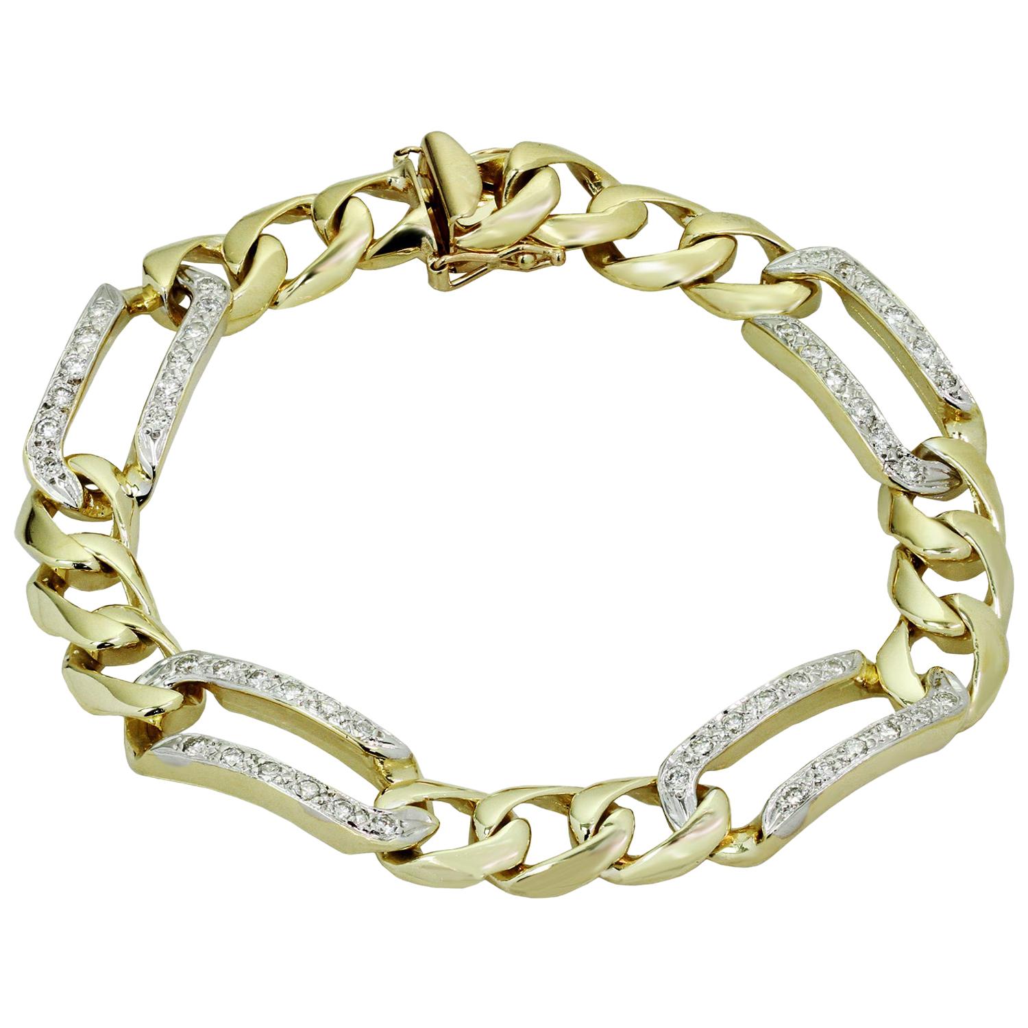 Classic Diamond Yellow Gold Men's Link Bracelet, 8.5" Long For Sale