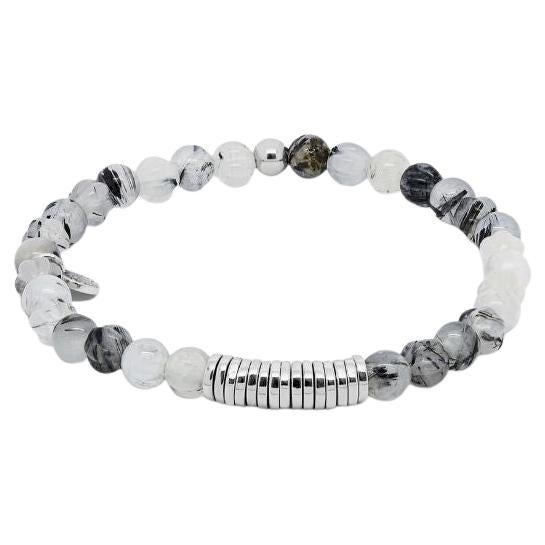 Classic Discs Bracelet with Black Rutilated Quartz and Sterling Silver, Size L For Sale