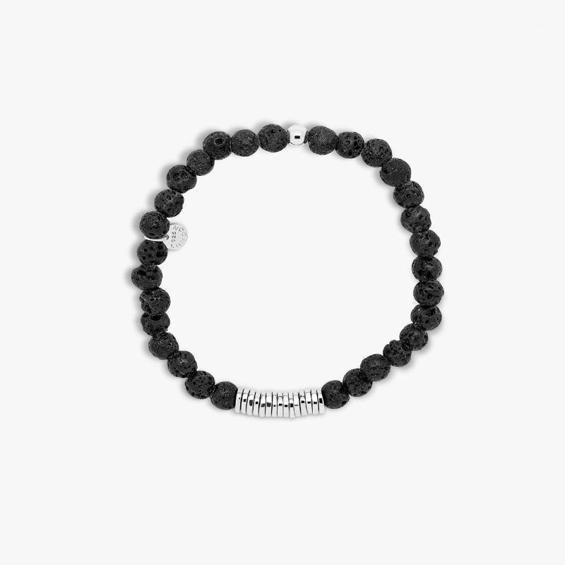 Classic Discs bracelet with lava stone and sterling silver, Size L

Lava stone beads are paired with hand-polished, rhodium-plated sterling silver discs, crafted in our Imperial Wharf, central London workshop. Designed onto a closed elastic which