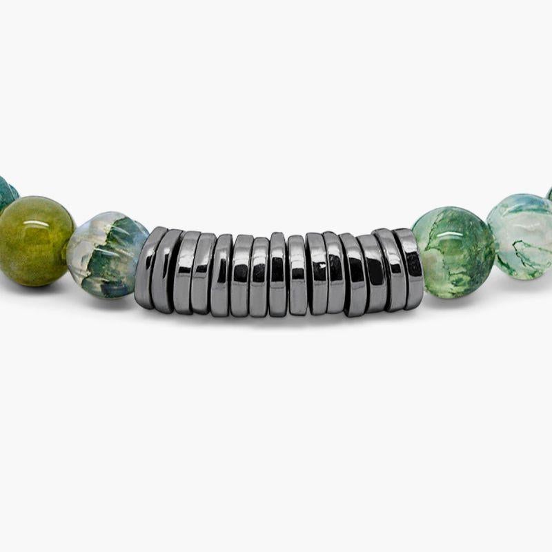 Classic Discs Bracelet with Moss Agate and Rhodium Plated Silver, Size L In New Condition For Sale In Fulham business exchange, London