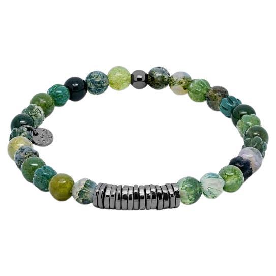 Classic Discs Bracelet with Moss Agate and Rhodium Plated Silver, Size M