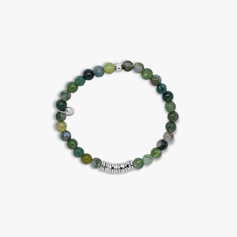 Classic Discs bracelet with moss agate and sterling silver, Size L

Moss agate beads are paired with hand-polished, rhodium-plated sterling silver discs, crafted in our Imperial Wharf, central London workshop. Designed onto a closed elastic which