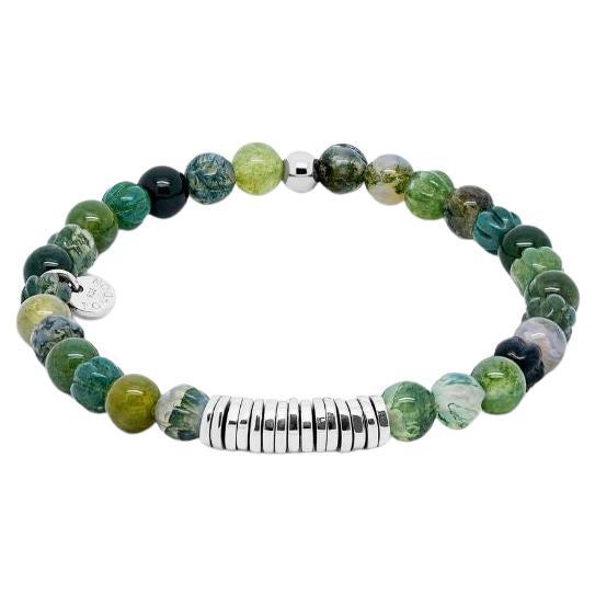 Classic Discs Bracelet with Moss Agate and Sterling Silver, Size M For Sale