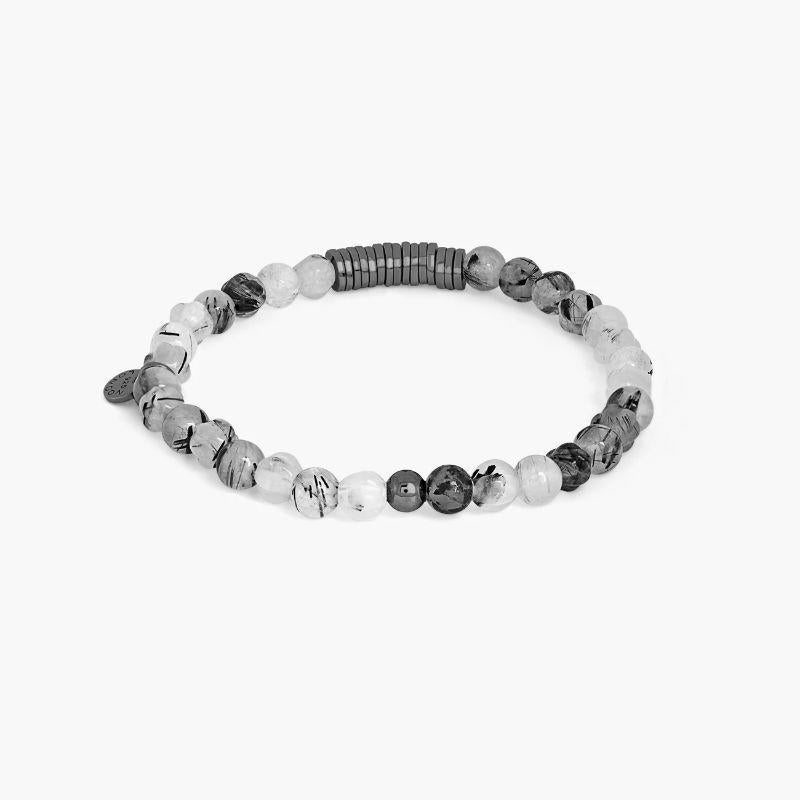 Classic Discs Bracelet with Rutilated Quartz and Rhodium Plated Silver, Size L In New Condition For Sale In Fulham business exchange, London