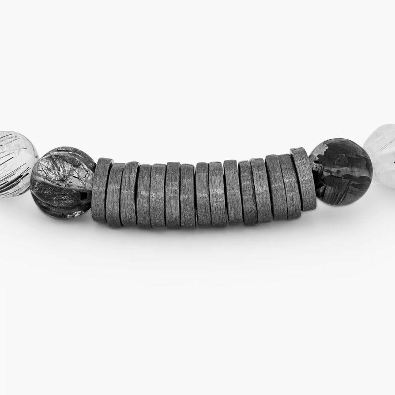 Men's Classic Discs Bracelet with Rutilated Quartz and Rhodium Plated Silver, Size L For Sale
