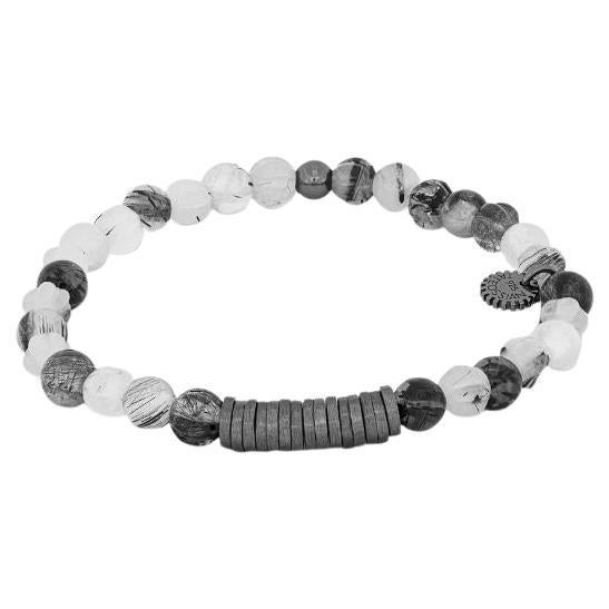 Bracciale classico a dischi con quarzo rutilato e argento rodiato, misura L