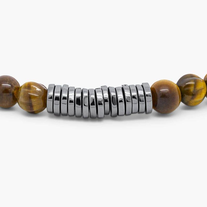 Men's Classic Discs Bracelet with Tiger Eye and Rhodium Plated Silver, Size L For Sale