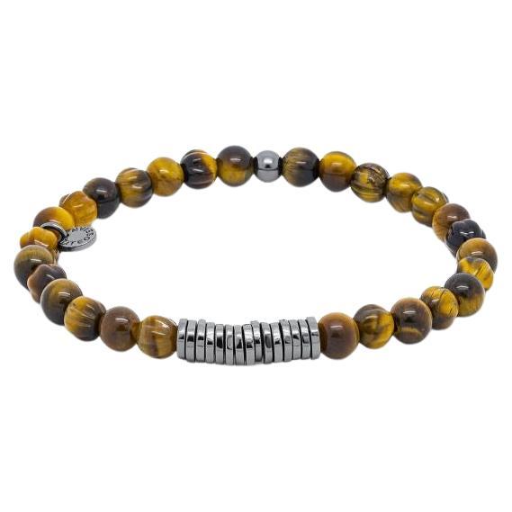 Classic Discs Bracelet with Tiger Eye and Rhodium Plated Silver, Size L For Sale