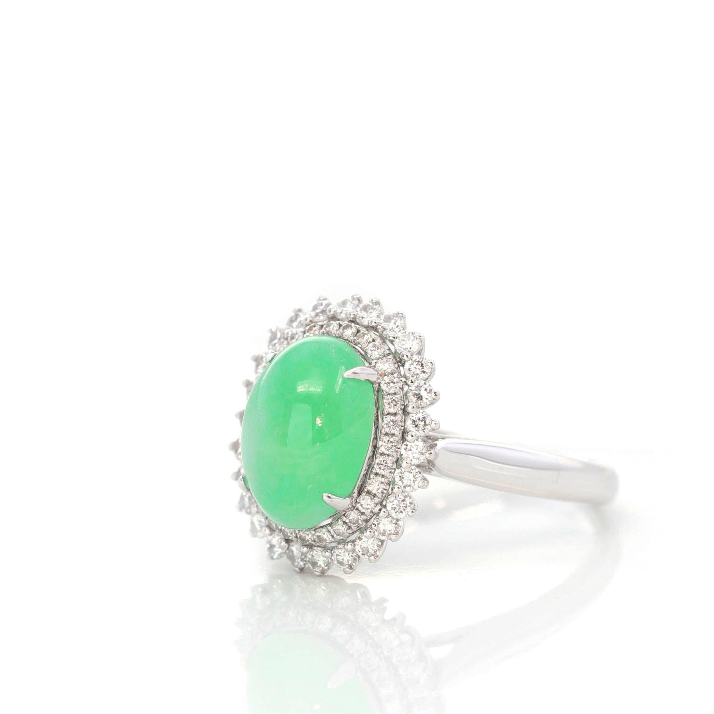 * ORIGINAL DESIGN --- Inspired by the natural beauty of Genuine Burmese Imperial Green Jadeite, the rich beautiful apple green color is found on no other stone. This one of a kind engagement ring combines the natural beauty of the extremely rare gem