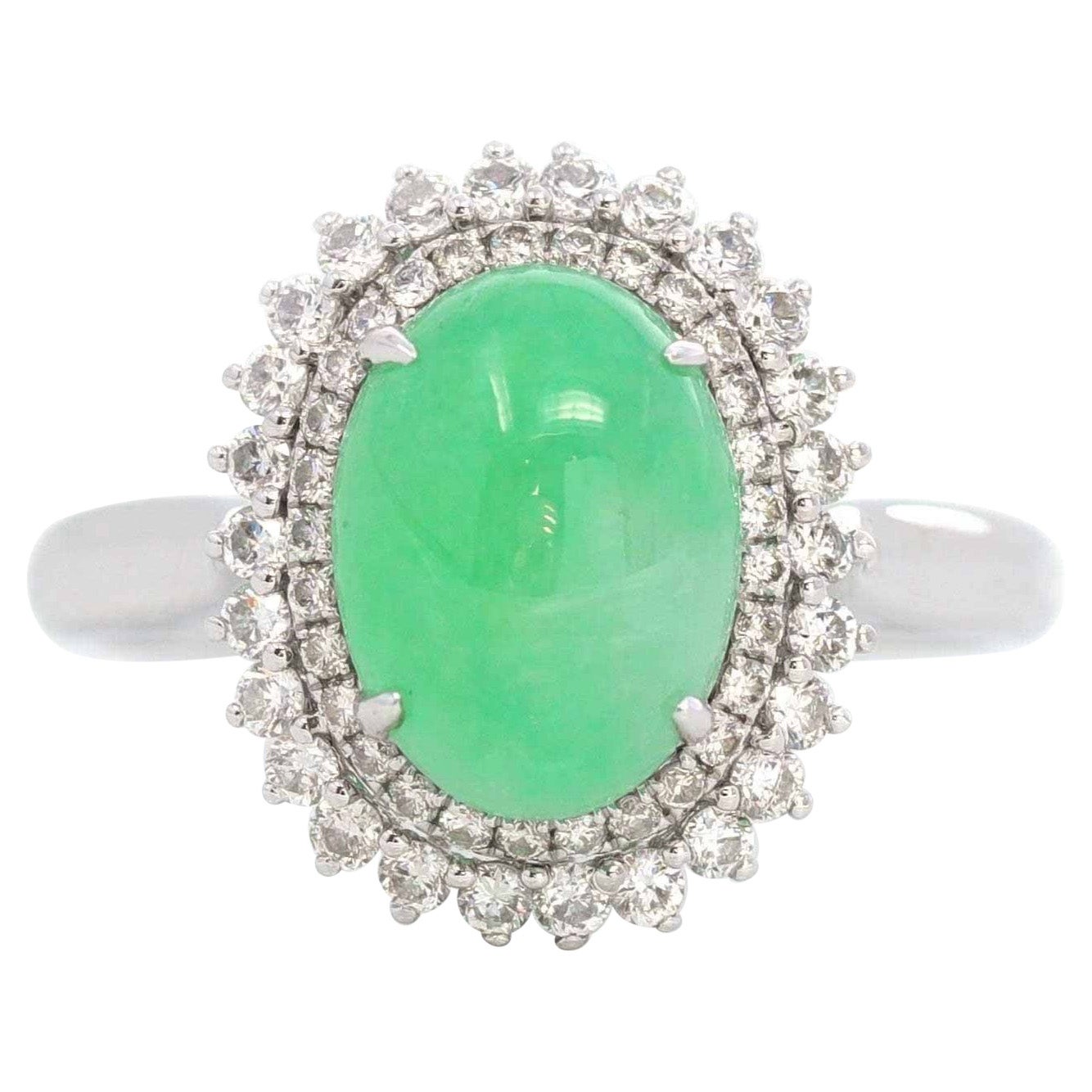 Anello di fidanzamento "Classic Double Halo" in oro bianco 18k e giadeite verde cabochon