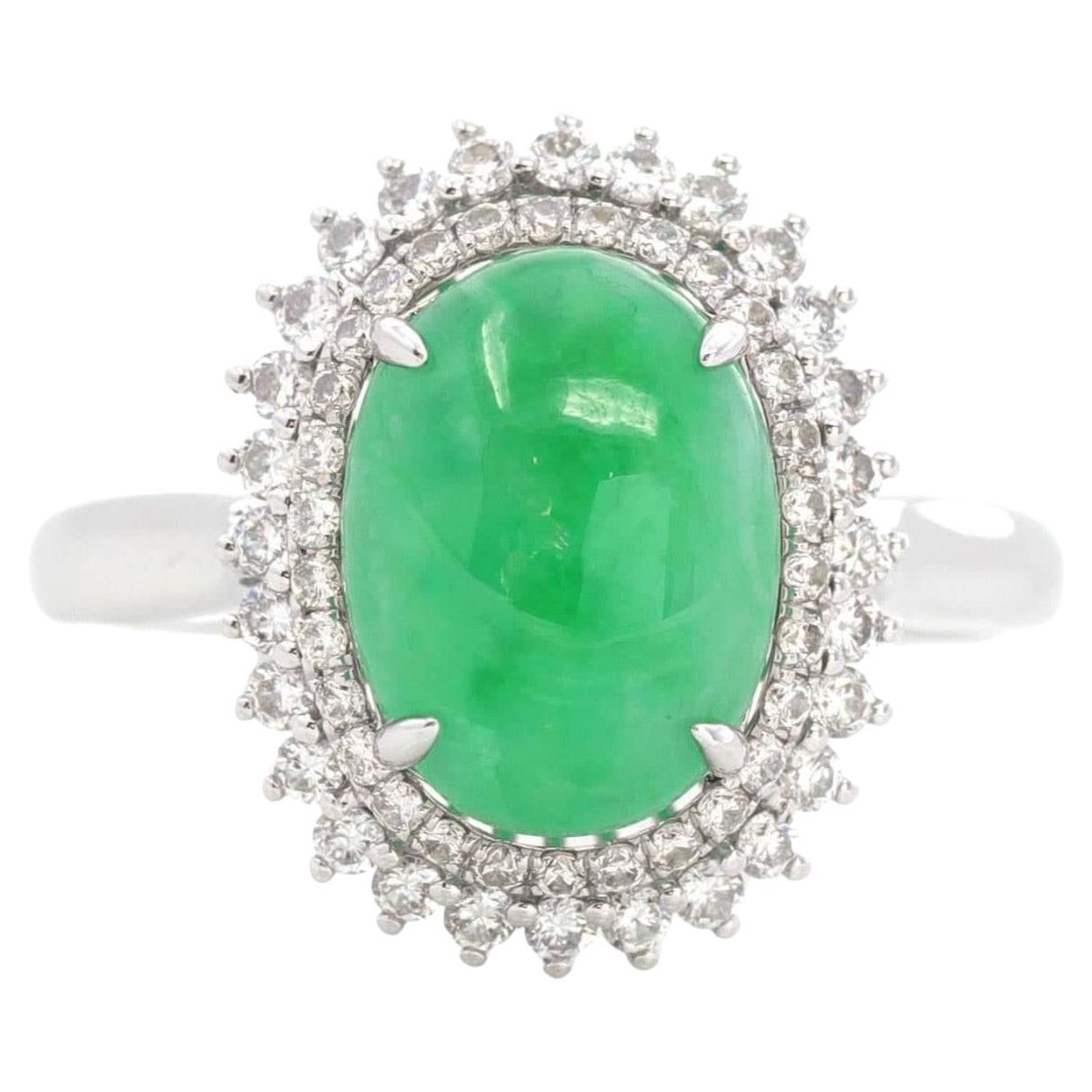 "Classic Double Halo" 18k White Gold Imperial Green Jadeite Engagement Ring For Sale
