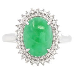 "Classic Double Halo" 18k White Gold Imperial Green Jadeite Engagement Ring