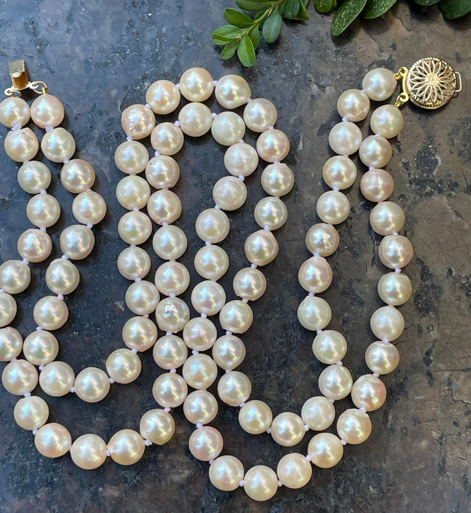 Classico  Collana a doppio filo con perle coltivate giapponesi da 7,5 a 8 mm in oro 14k in vendita 9