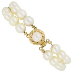 Classic Double Strand Pearl Bracelet with 14 Karat Yellow Gold Clasp