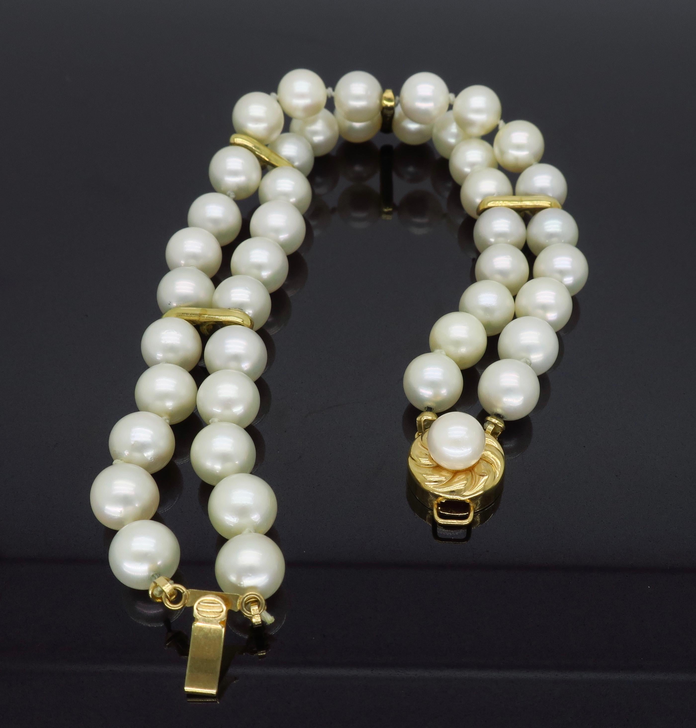 Classic Double Strand Pearl Bracelet with 14 Karat Yellow Gold Clasp In Excellent Condition In Webster, NY