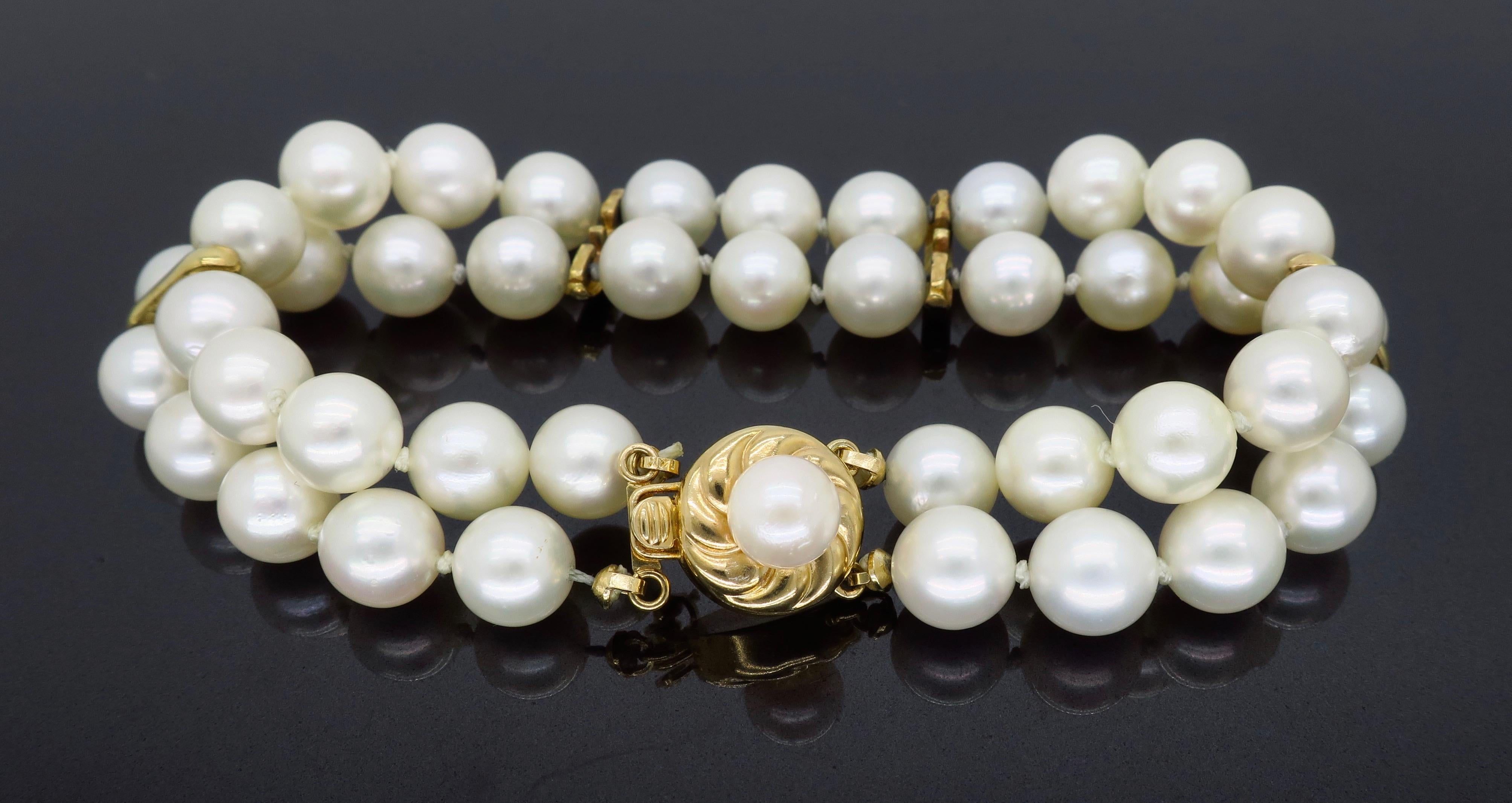Women's Classic Double Strand Pearl Bracelet with 14 Karat Yellow Gold Clasp