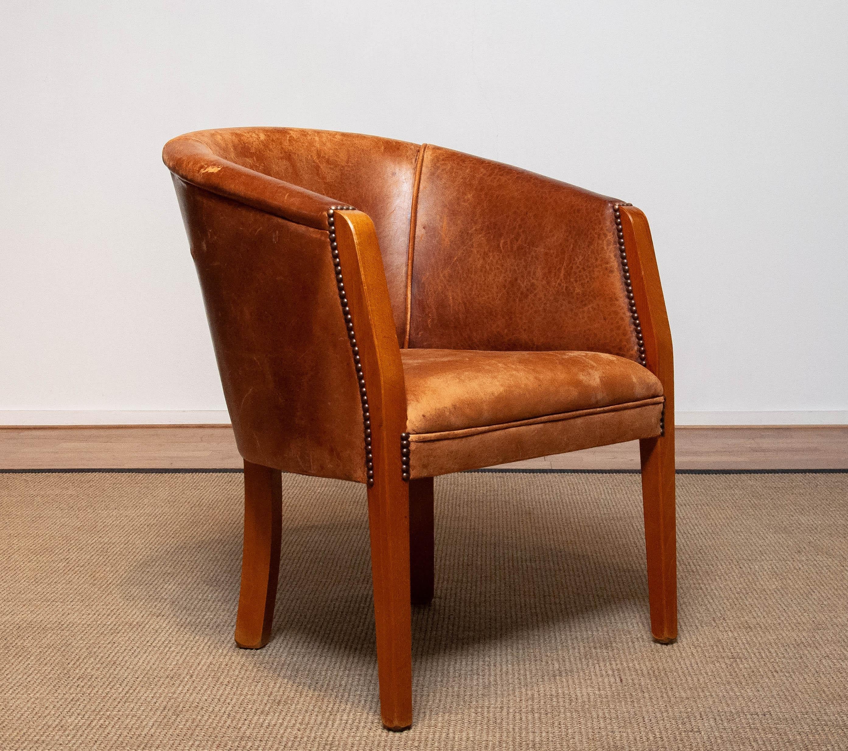 Classic Dutch Colonial Sheepskin Sheep Leather Arm Club Chair Made in 1960's 6