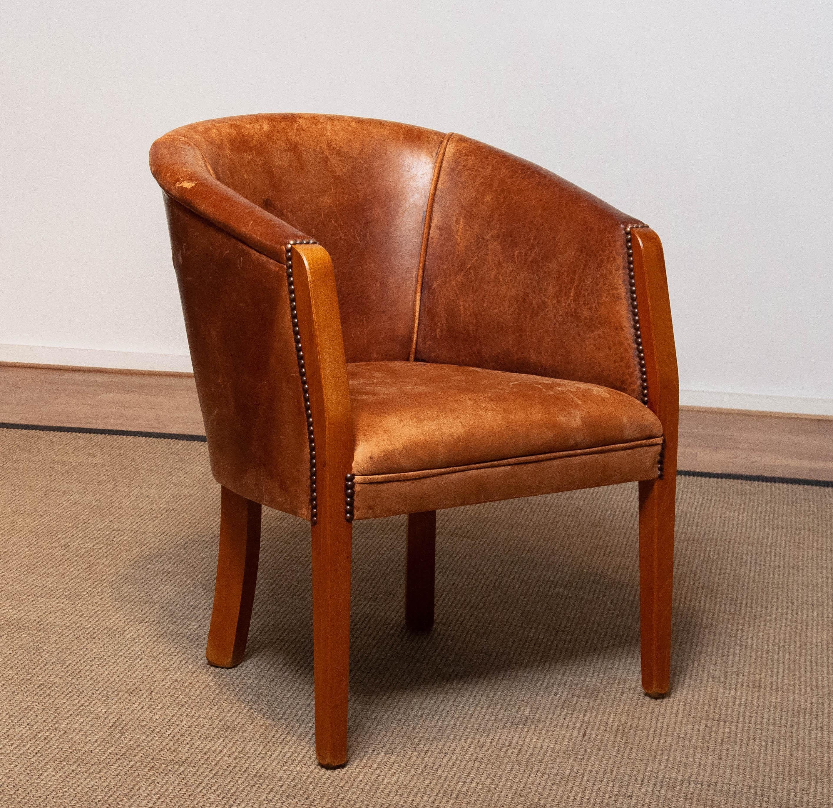 Classic Dutch Colonial Sheepskin Sheep Leather Arm Club Chair Made in 1960's 4