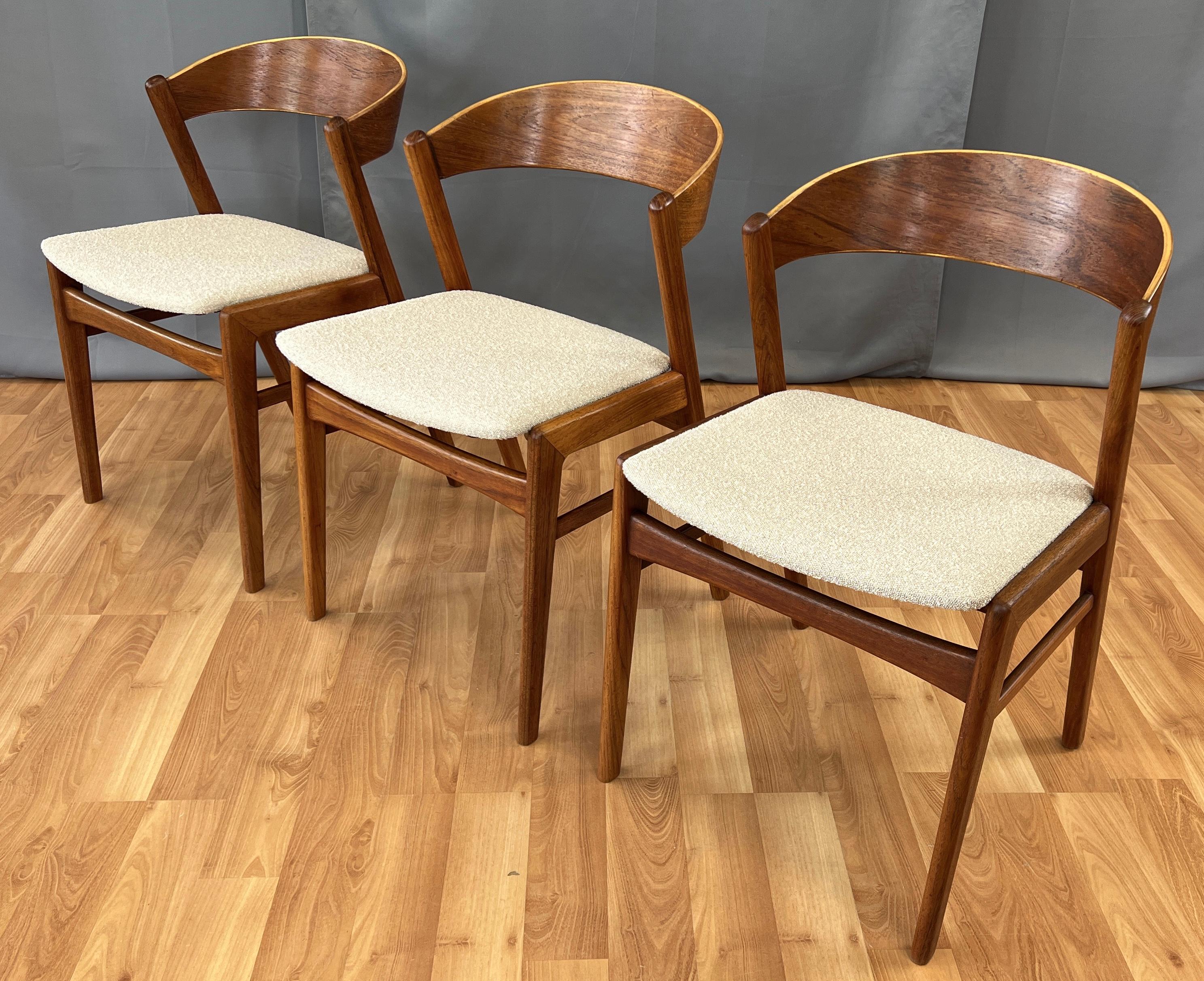 Offered here are the classic Ribbon Back chairs made by Dux of Sweden, all have Teak frames. We only have two available now, the chair in the middle has been sold..
Reupholstered in a Beige color fabric, that feels to a blend. Chair backs hit the