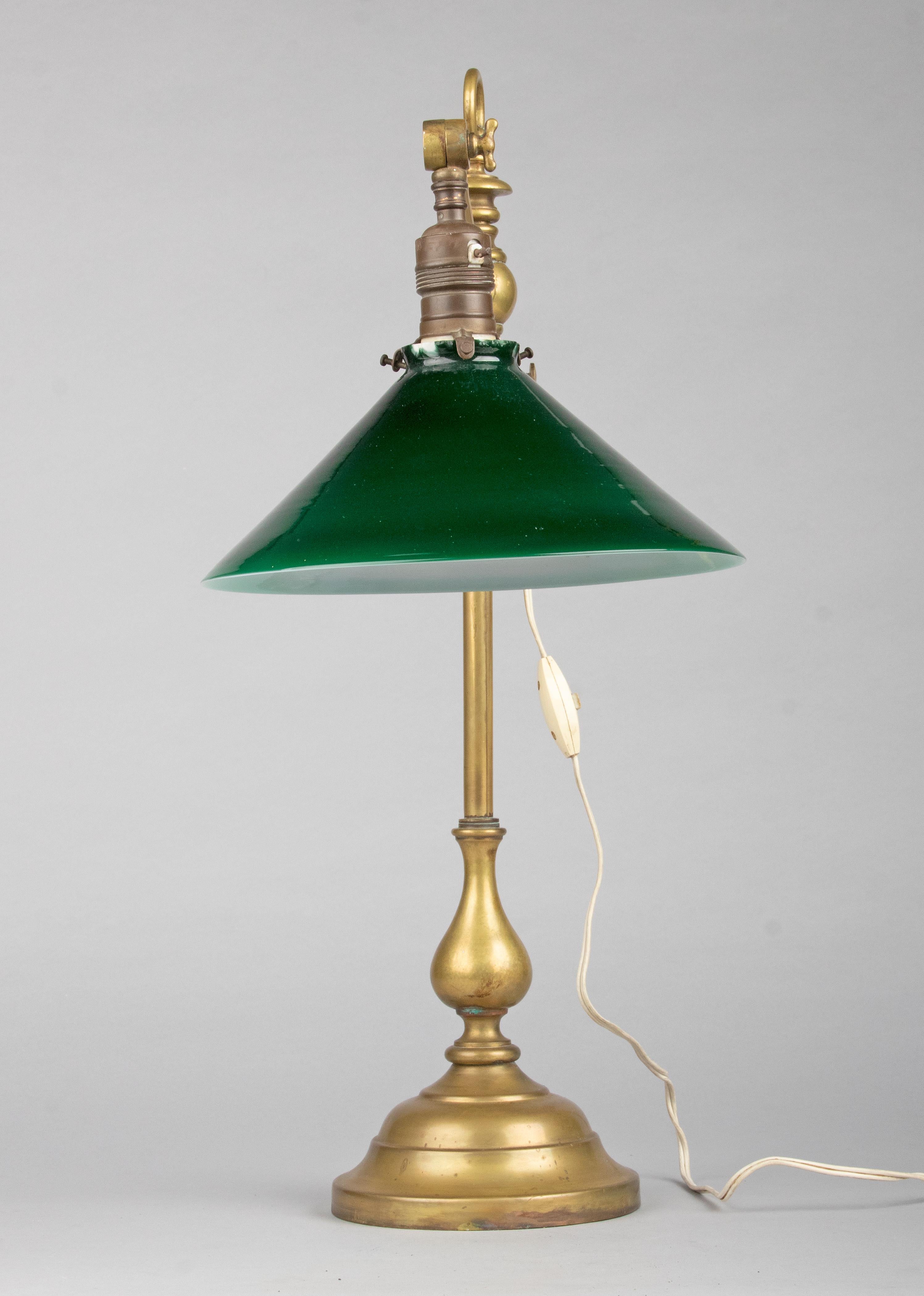 Classic Early 20th Century Brass Adjustable Desk Lamp with Green Gradient Shade 3