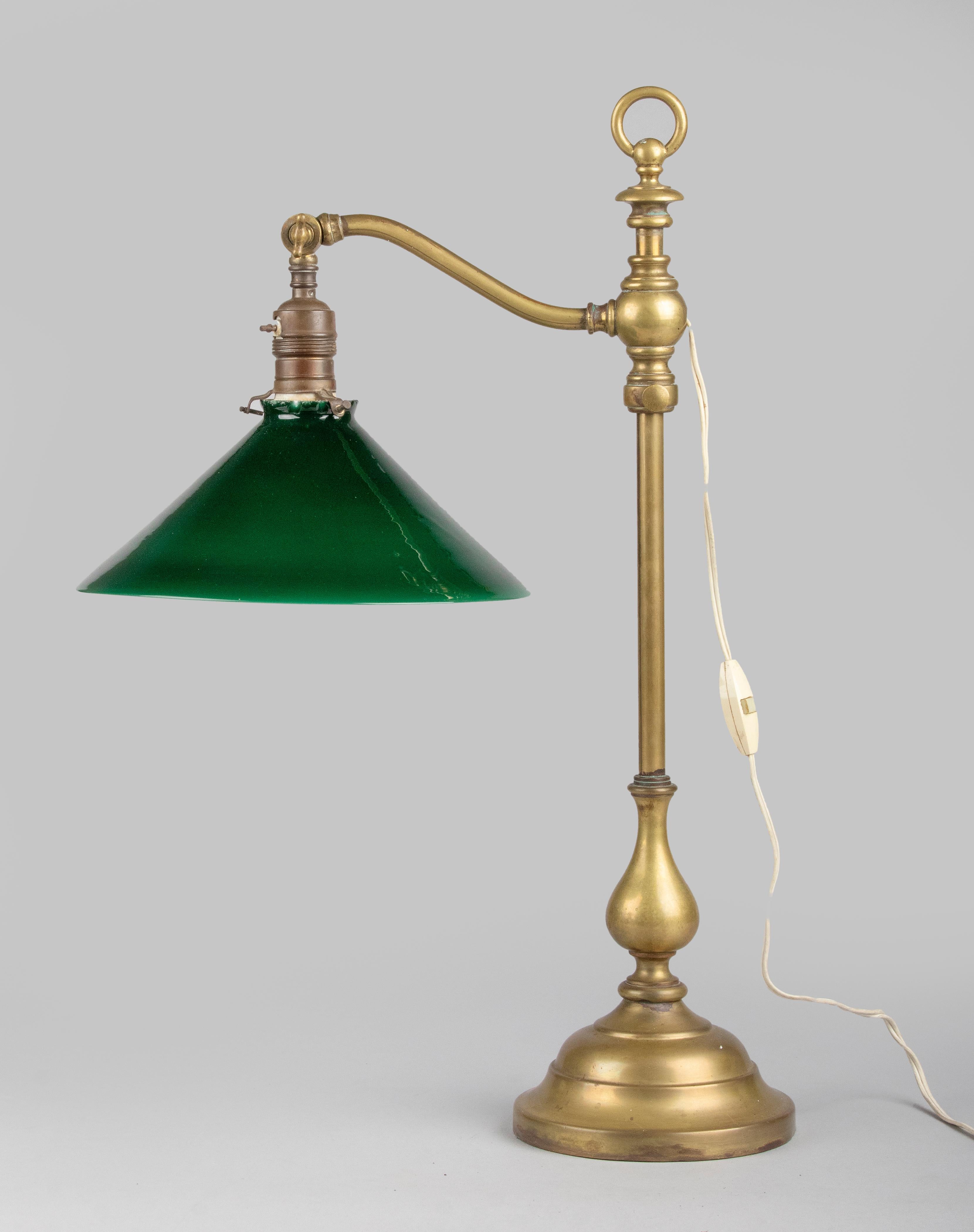 Classic Early 20th Century Brass Adjustable Desk Lamp with Green Gradient Shade 4