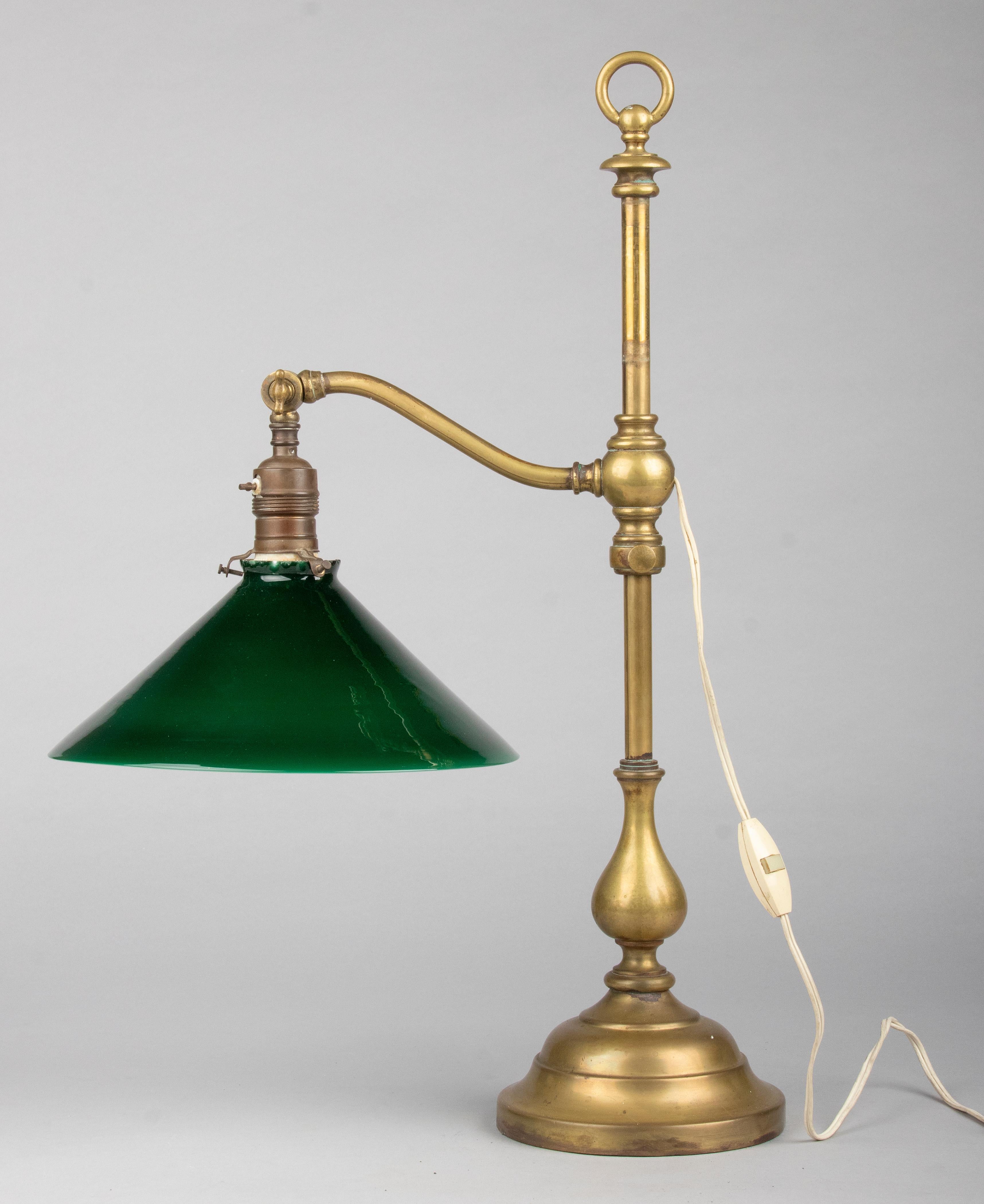 Classic Early 20th Century Brass Adjustable Desk Lamp with Green Gradient Shade 5