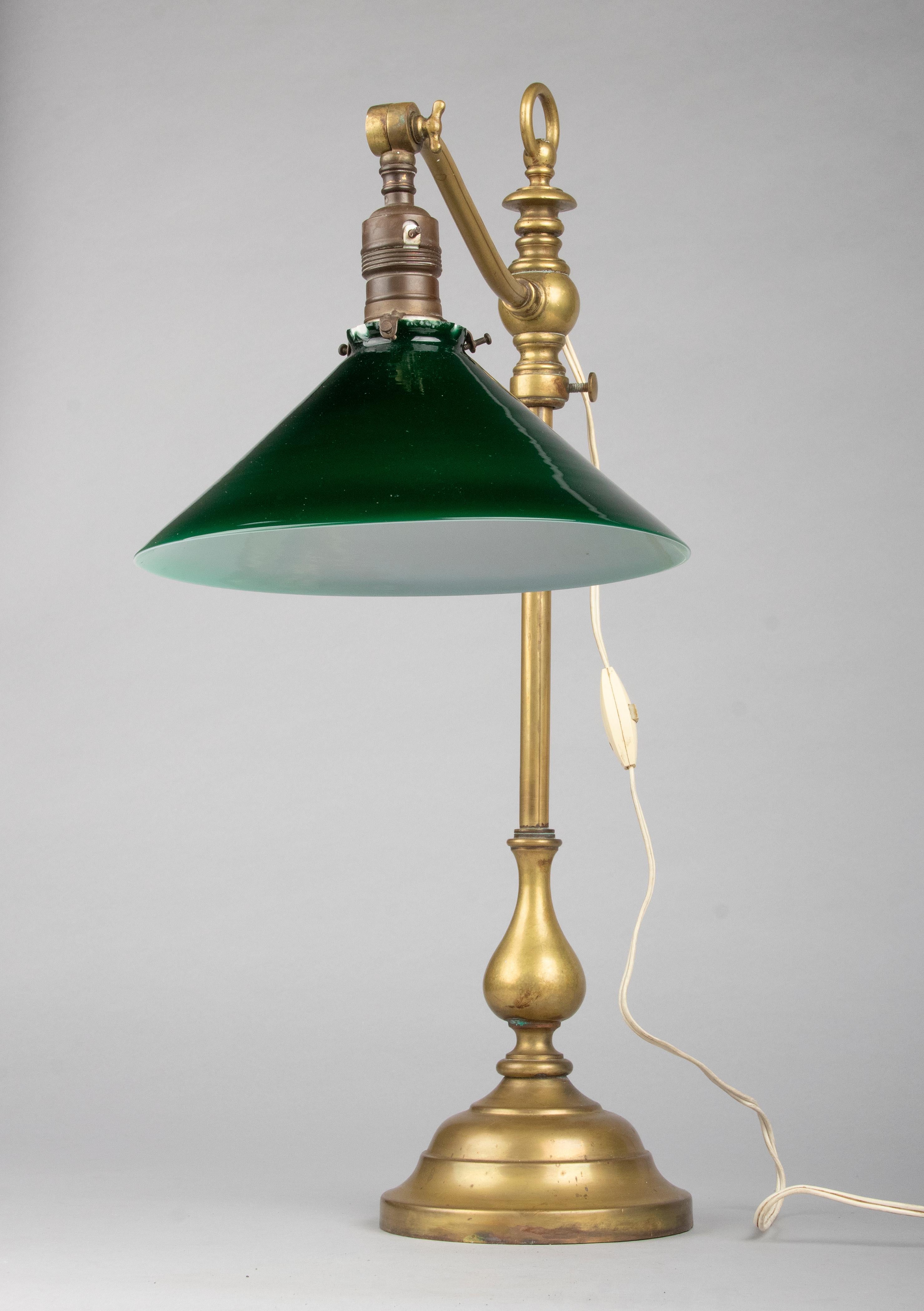 Art Deco Classic Early 20th Century Brass Adjustable Desk Lamp with Green Gradient Shade